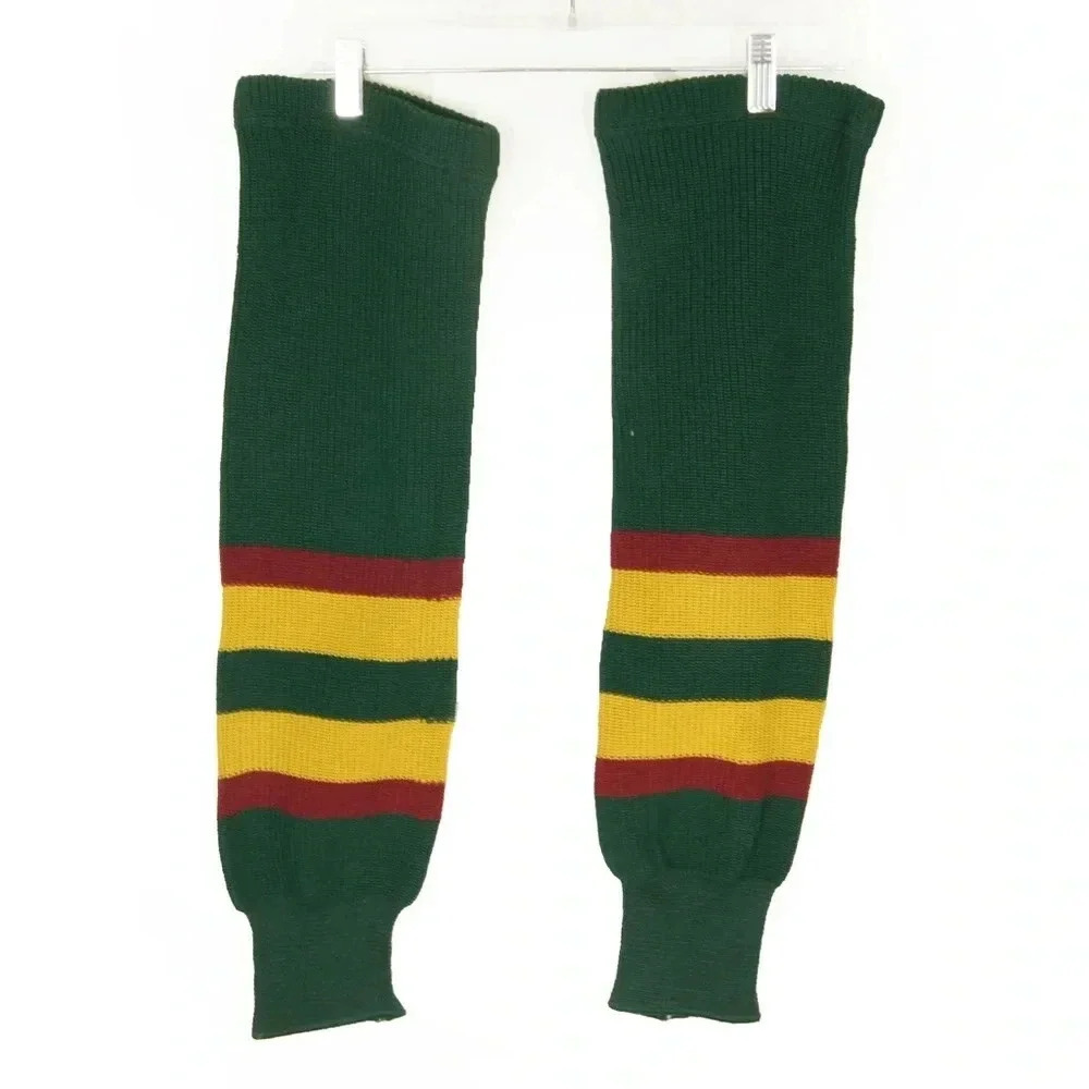 Vintage 80s Never Worn New Green Red Gold Stripes Knit Hockey Athletic Socks